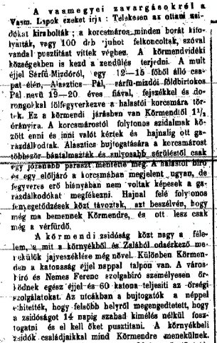 Részlet a „Zsidóellenes zavargások.” c. cikkből (Forrás: Pesti Hírlap, 1883. 09. 04., 4. o.)
